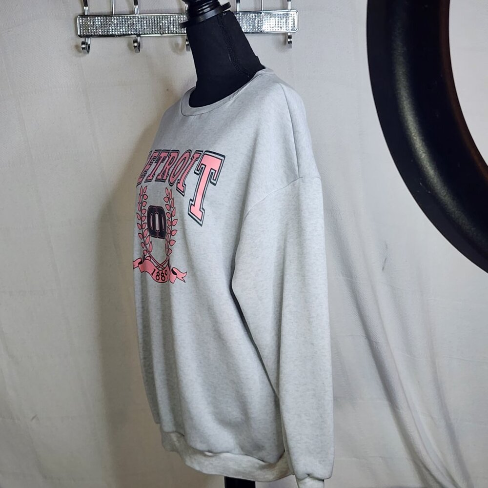 Shein Grey Crewneck with Pink Detroit Graphic Long Sleeve Poly Sweatshirt Sz S - Picture 10 of 16